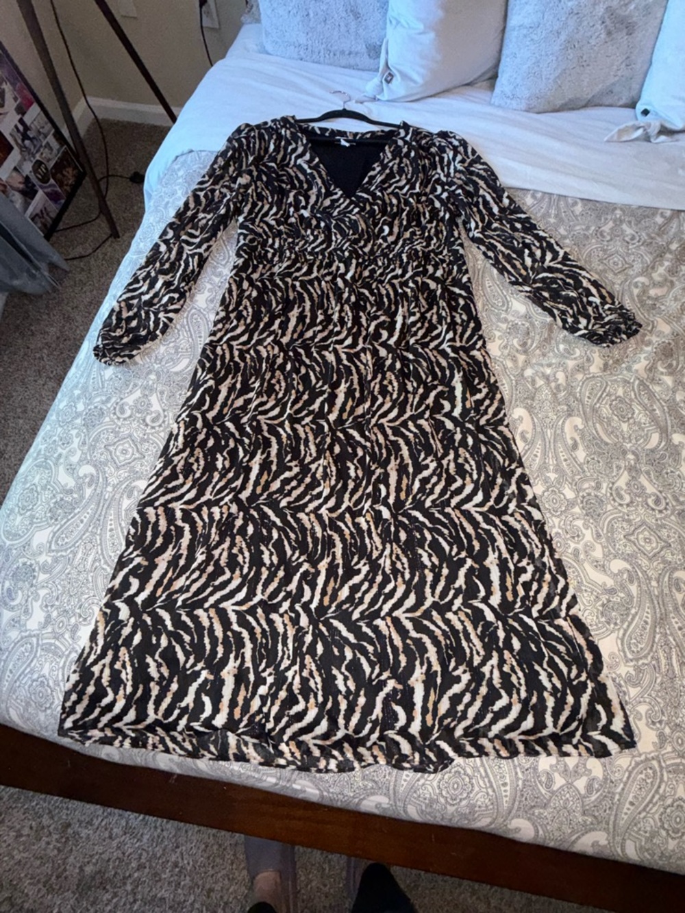 Flattering and Flowy Black & Cream Animal Print Long Sleeve Dress